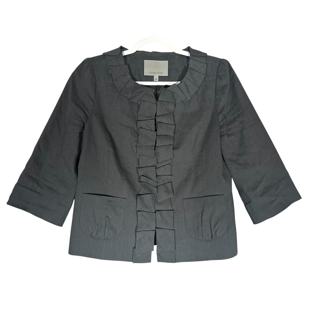 Classiques Entier Ruffle Front Blazer Jacket Sz S Linen Stretch Black Luxury